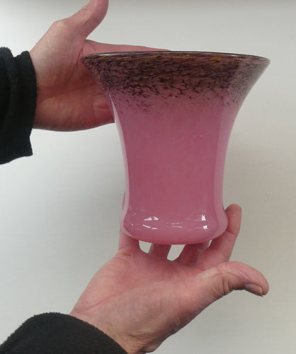 MONART Scottish Glass. Fine Vintage Art Glass Vase, 1930s. Shape GC. Mottled Pink with Black Rim Speckled with Gold Aventurine Flakes