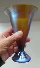 Load image into Gallery viewer, German WMF &quot;Myra Kristal&quot; Glass Trumpet Shape Vase with Stunning Blue and Gold Iridescent Lustres
