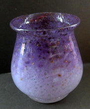 Load image into Gallery viewer, SCOTTISH GLASS. MONART Scottish Art Glass Vase. Bulbous Vase with Rim Shape RA. Pink with Lilac and Purple Rim &amp; Gold Aventurine. 4 3/4 inches high
