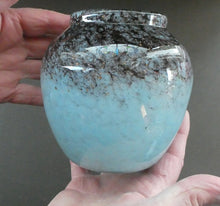 Load image into Gallery viewer, SCOTTISH GLASS. MONART Scottish Art Glass Vase. Bulbous Shape (A). Mottled Lilac Grey-Blue with Black Flecks &amp; Gold Aventurine at the Rim. 5 inches high
