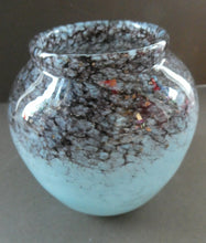 Load image into Gallery viewer, SCOTTISH GLASS. MONART Scottish Art Glass Vase. Bulbous Shape (A). Mottled Lilac Grey-Blue with Black Flecks &amp; Gold Aventurine at the Rim. 5 inches high
