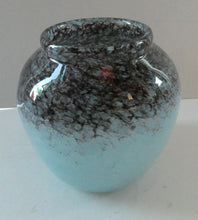 Load image into Gallery viewer, SCOTTISH GLASS. MONART Scottish Art Glass Vase. Bulbous Shape (A). Mottled Lilac Grey-Blue with Black Flecks &amp; Gold Aventurine at the Rim. 5 inches high
