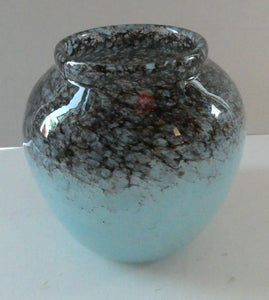 SCOTTISH GLASS. MONART Scottish Art Glass Vase. Bulbous Shape (A). Mottled Lilac Grey-Blue with Black Flecks & Gold Aventurine at the Rim. 5 inches high