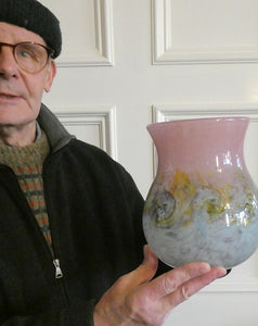 SCOTTISH GLASS. Large MONART Scottish Art Glass Vase. SA Shape. Mottled Pale Blue, Pink with Swirls & Lots of Gold Aventurine Flakes. 7 3/4 inches high