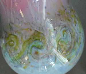 SCOTTISH GLASS. Large MONART Scottish Art Glass Vase. SA Shape. Mottled Pale Blue, Pink with Swirls & Lots of Gold Aventurine Flakes. 7 3/4 inches high