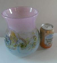 Load image into Gallery viewer, SCOTTISH GLASS. Large MONART Scottish Art Glass Vase. SA Shape. Mottled Pale Blue, Pink with Swirls &amp; Lots of Gold Aventurine Flakes. 7 3/4 inches high
