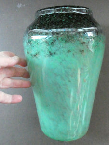 Large Green Monart Glass Vase with Black Flecks and Gold Aventurine. 9 3/4 inches