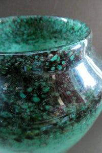 Large Green Monart Glass Vase with Black Flecks and Gold Aventurine. 9 3/4 inches