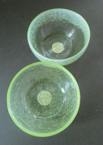 SCOTTISH GLASS. Rare Pair of Simple Small MONART URANIUM Bowls. Each with Monart Labels