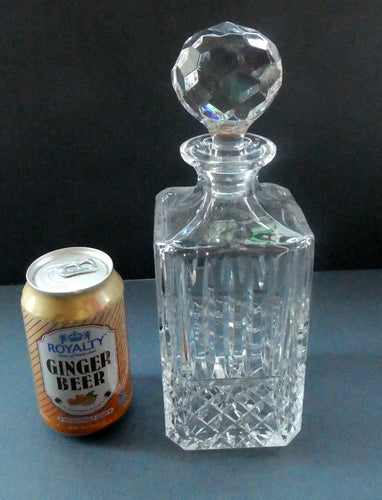 Vintage LARGE Square Cut CRYSTAL Decanter with Faceted Heavy Globe Stopper; possibly Royal Doulton