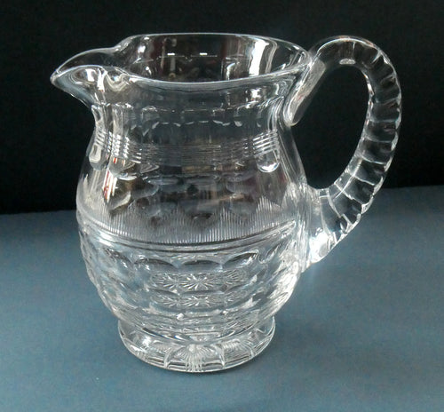 1930s ART DECO Stuart Crystal Lemonade or Water Jug. With Cut Oval Facets and Engraved Fan Fringe Pattern. Height 6 inches