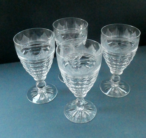 1930s ART DECO Stuart Crystal FOUR Wine Glasses. With Cut Oval Facets and Engraved Fan Fringe Pattern. Height 5 3/8 inches