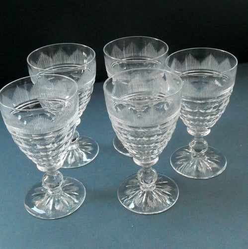 1930s ART DECO Stuart Crystal FIVE Wine Glasses. With Cut Oval Facets and Engraved Fan Fringe Pattern. Height 4 1/2 inches