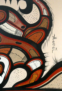 CANADIAN ART: Joshim Kakegamic (1952 - 1993). Acrylic Painting on board. Entitled "Lazy Bear"