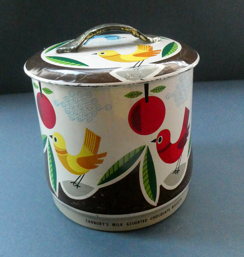 1960s Vintage Cadbury's Biscuit Tin with Fitted Lid. Cartoon Birds and Apple Pattern