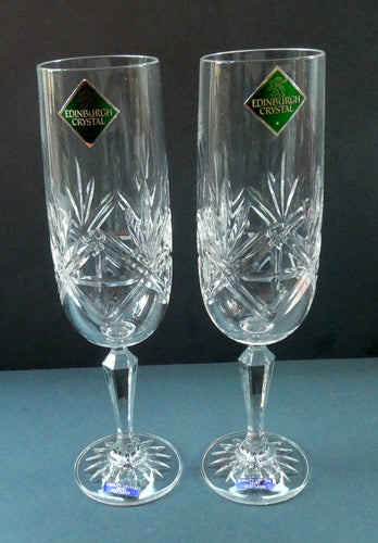 BOXED. Vintage Edinburgh Crystal PAIR of Tall CHAMPAGNE Flute Glasses. Rarer NESS Pattern.   8 1/4 inches