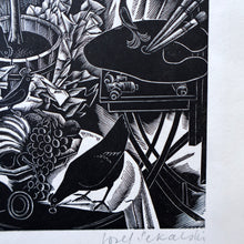 Load image into Gallery viewer, SCOTTISH ART. Rare 1953 Original Wood Engraving by Jozef Sekalski. Design for a Christmas Card Entitled &quot;Fourth Day of Christmas&quot;. Pencil Signed 
