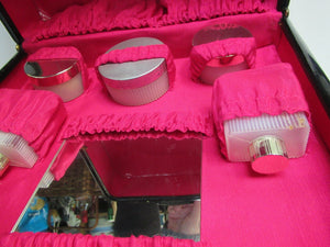 1960s VINTAGE Vanity Case Black Patent Exterior and Bright Pink Lining