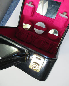 1960s VINTAGE Vanity Case Black Patent Exterior and Bright Pink Lining