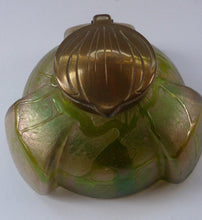 Load image into Gallery viewer, Jugendstil Kralik Glass Inkwell with Lustre and Green Trail Bands, and Brass Hinged Lid
