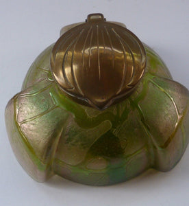 Jugendstil Kralik Glass Inkwell with Lustre and Green Trail Bands, and Brass Hinged Lid