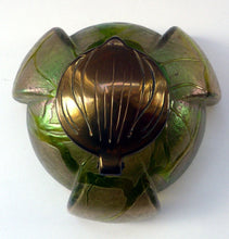 Load image into Gallery viewer, Jugendstil Kralik Glass Inkwell with Lustre and Green Trail Bands, and Brass Hinged Lid
