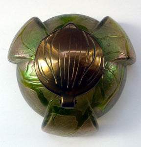 Jugendstil Kralik Glass Inkwell with Lustre and Green Trail Bands, and Brass Hinged Lid