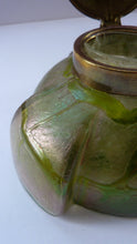 Load image into Gallery viewer, Jugendstil Kralik Glass Inkwell with Lustre and Green Trail Bands, and Brass Hinged Lid
