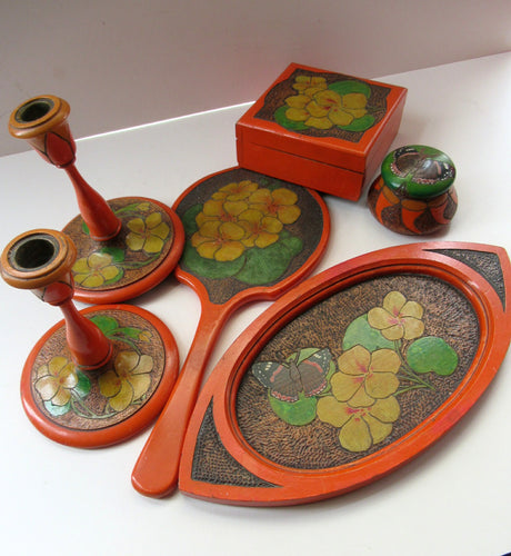 Art Nouveau Poker Work Dressing Table Set Nasturium Flowers 1900s