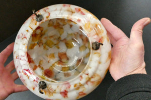 1930s Glass Hanging Goldfish Bowl or Flycatcher Lampshade. Opaque Glass with Orange & Red Tutti Frutti Splatters