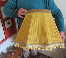 Load image into Gallery viewer, Vintage Pleated Silk Chiffon Lamp Shade with Gold Brocade and Tassels
