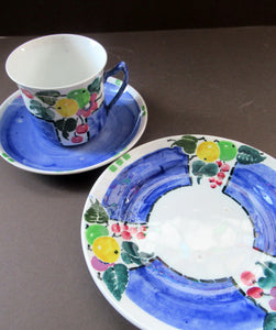 1920s Scottish Pottery Mak Merry Trio. Blue with Fruit and Flowers