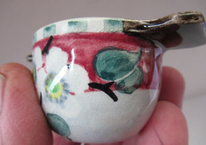 SCOTTISH POTTERY. 1920s Mak Merry Hand-Painted Miniature Quaich or Twin Handled Bowl. Pink Background with Prunus Flowers