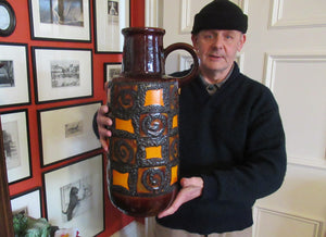 MASSIVE West German 1970s Floor Vase with Brown & Orange Glazes. Applied Fat Lava Abstract Shapes