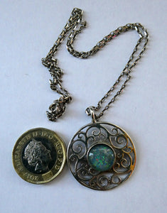 Stylish Vintage Scottish Silver Pendant with Opal Style Inclusion. 1980s Edinburgh Hallmark