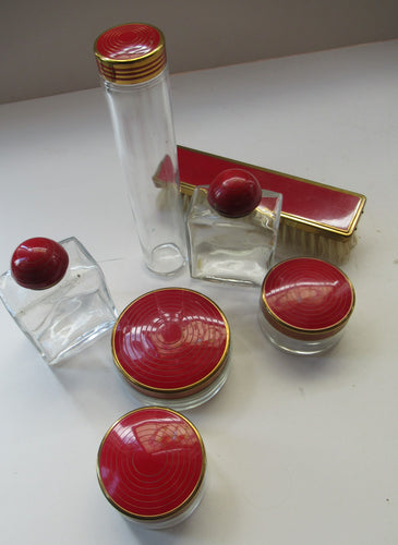 1950s Red Enamel Topped and Glass Vanity Pots and Bottles. Vintage Glamour