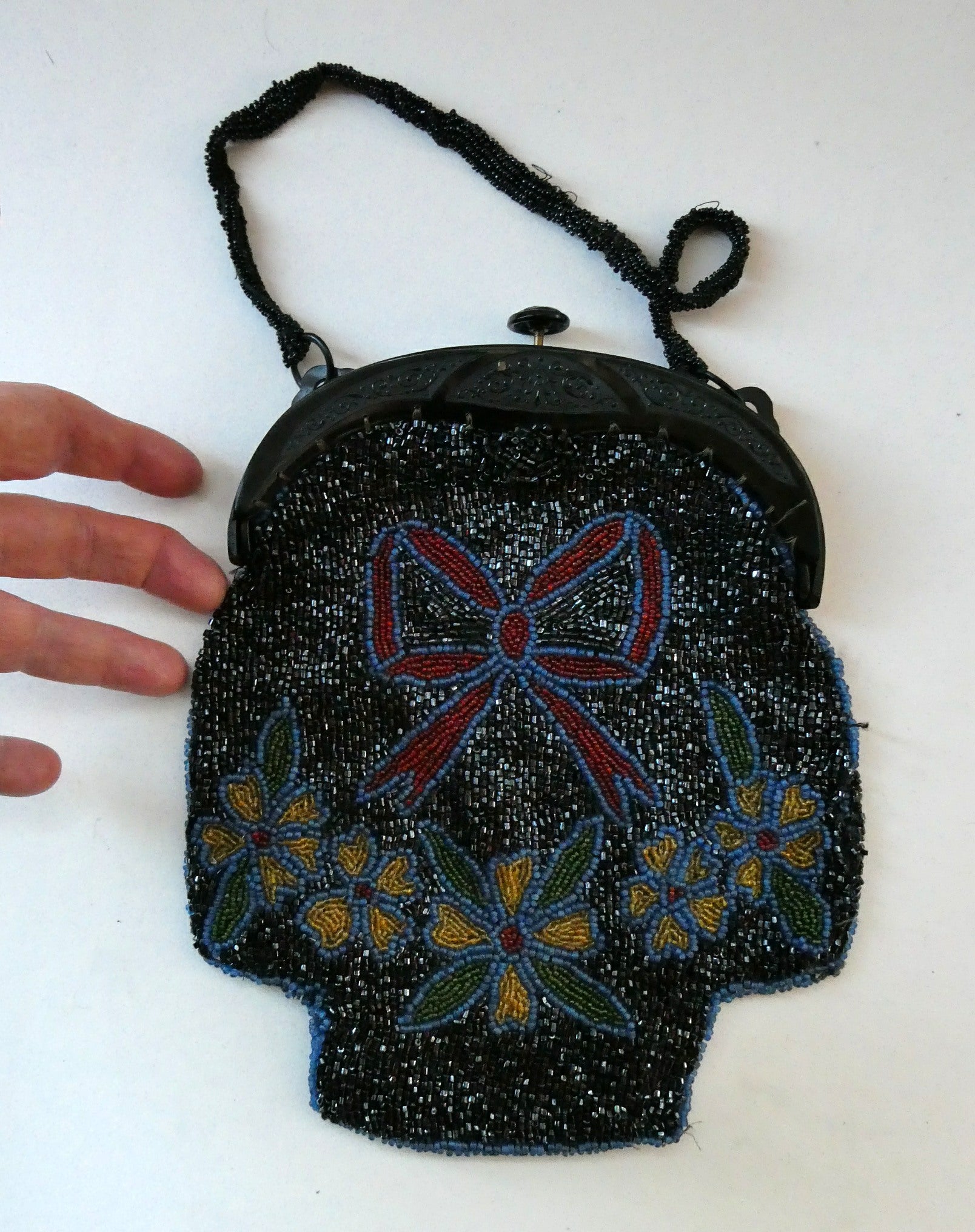 Antique EDWARDIAN 1920s Glass Beadwork Evening Bag with Black Cellul Iconic Edinburgh