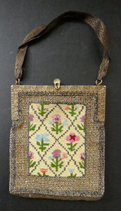 Vintage 1930s Art Deco Beaded Evening Bag with Needlepoint Panels. Very Unusual