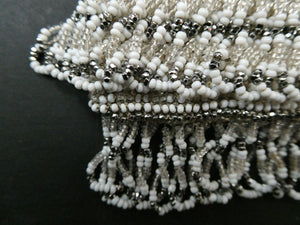 Vintage WHITE Art Deco Beaded Evening Bag with Chrome Clasp and Chain Handles; 1930s