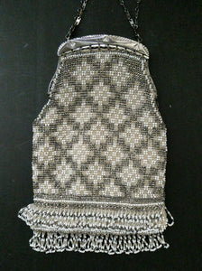 Vintage WHITE Art Deco Beaded Evening Bag with Chrome Clasp and Chain Handles; 1930s