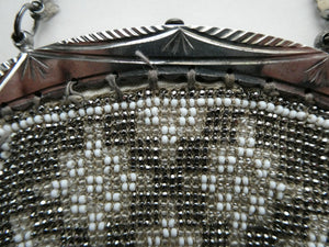 Vintage WHITE Art Deco Beaded Evening Bag with Chrome Clasp and Chain Handles; 1930s