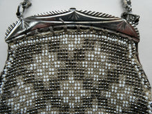 Load image into Gallery viewer, Vintage WHITE Art Deco Beaded Evening Bag with Chrome Clasp and Chain Handles; 1930s
