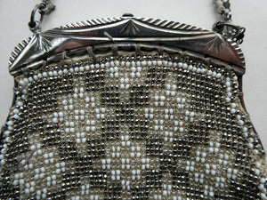 Vintage WHITE Art Deco Beaded Evening Bag with Chrome Clasp and Chain Handles; 1930s