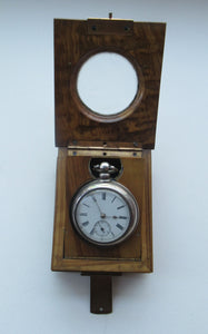 Antique Walnut Pocket Watch Holder with Glazed Aperture in Lid and Easel Stand Inside