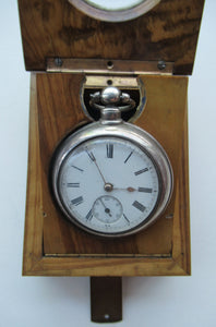 Antique Walnut Pocket Watch Holder with Glazed Aperture in Lid and Easel Stand Inside