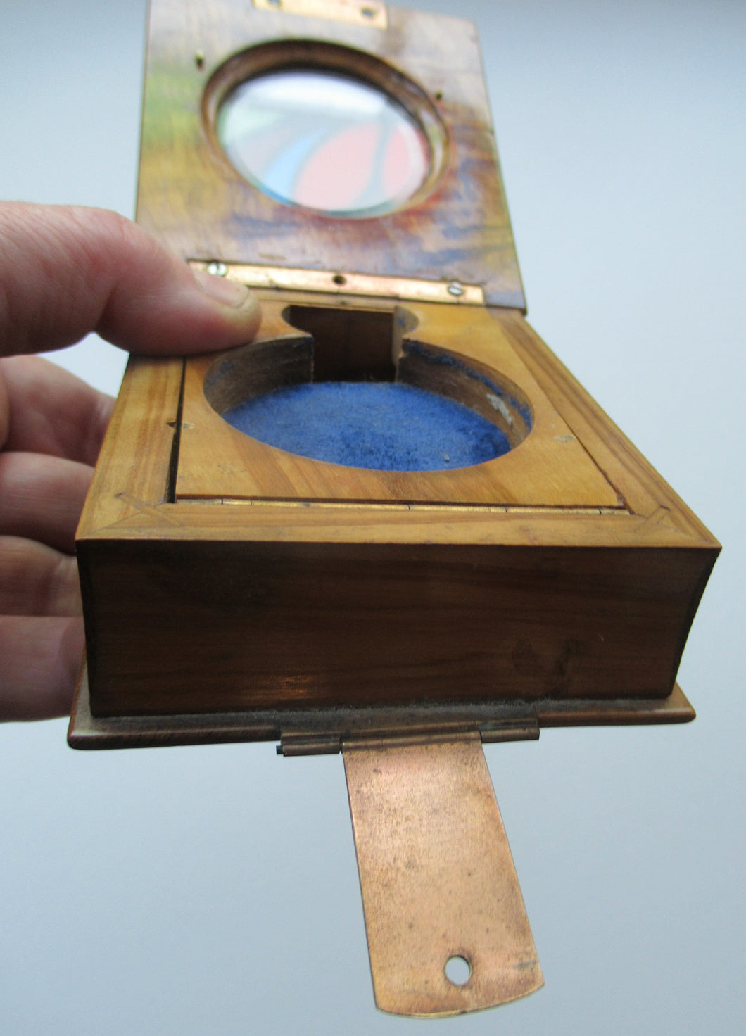 Antique Walnut Pocket Watch Holder with Glazed Aperture in Lid and Easel Stand Inside