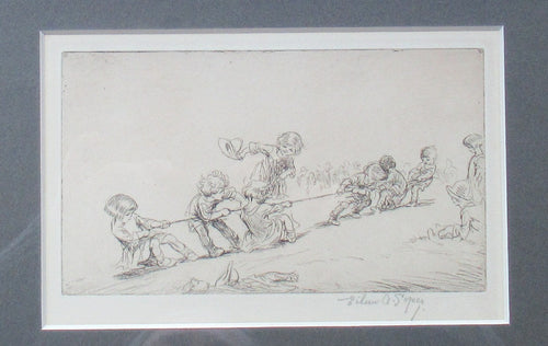 1923 Eileen Sopper Tug of War Pencil Signed Etching