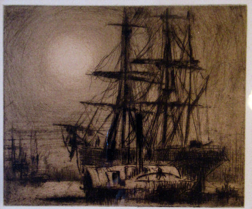 Frank Brangwyn Drypoint Etching. Towing a Ship. Pencil Signed