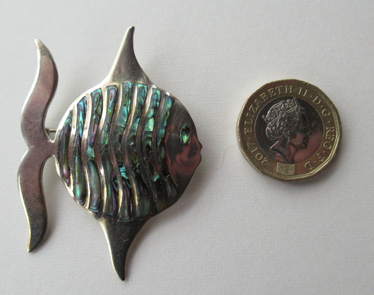 Vintage MEXICAN Silver Angelfish Brooch Inset with Coloured Abalone Sh ...