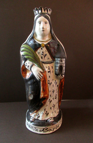 Large Antique French Quimper Faience Sculpture of Saint Barbe (Barbara)